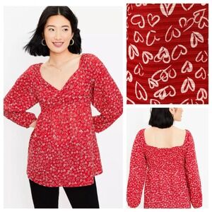 Loft blouse hearts red white smocked sweetheart neck smocked size 14 women